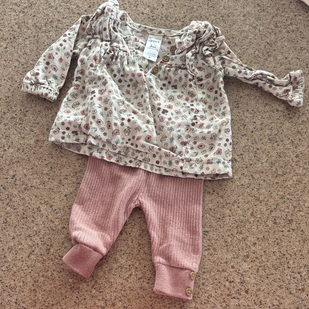 Carter's Cream Floral Ruffle Top with Pink Ribbed Leggings